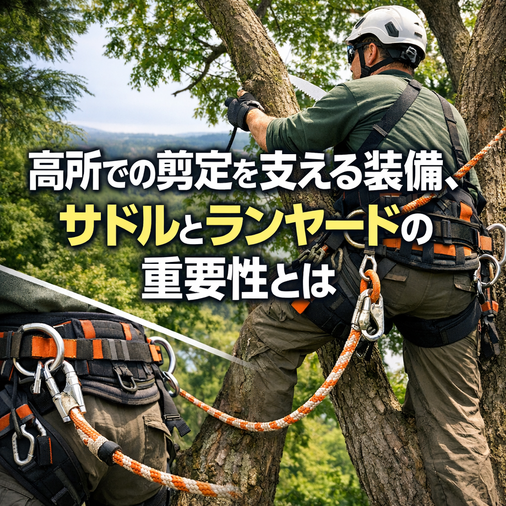 高所での剪定を支える装備、サドルとランヤードの重要性とは