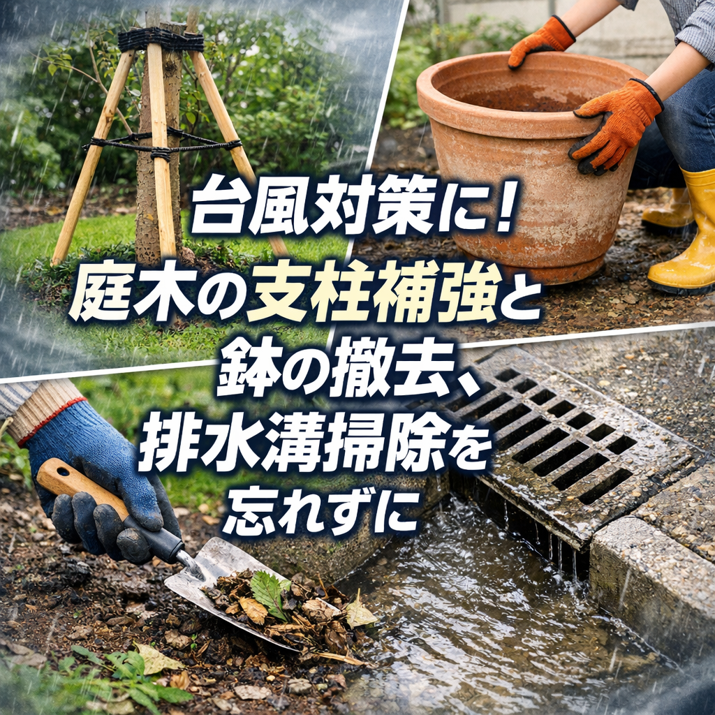 台風対策に!庭木の支柱補強と鉢の撤去、排水溝掃除を忘れずに