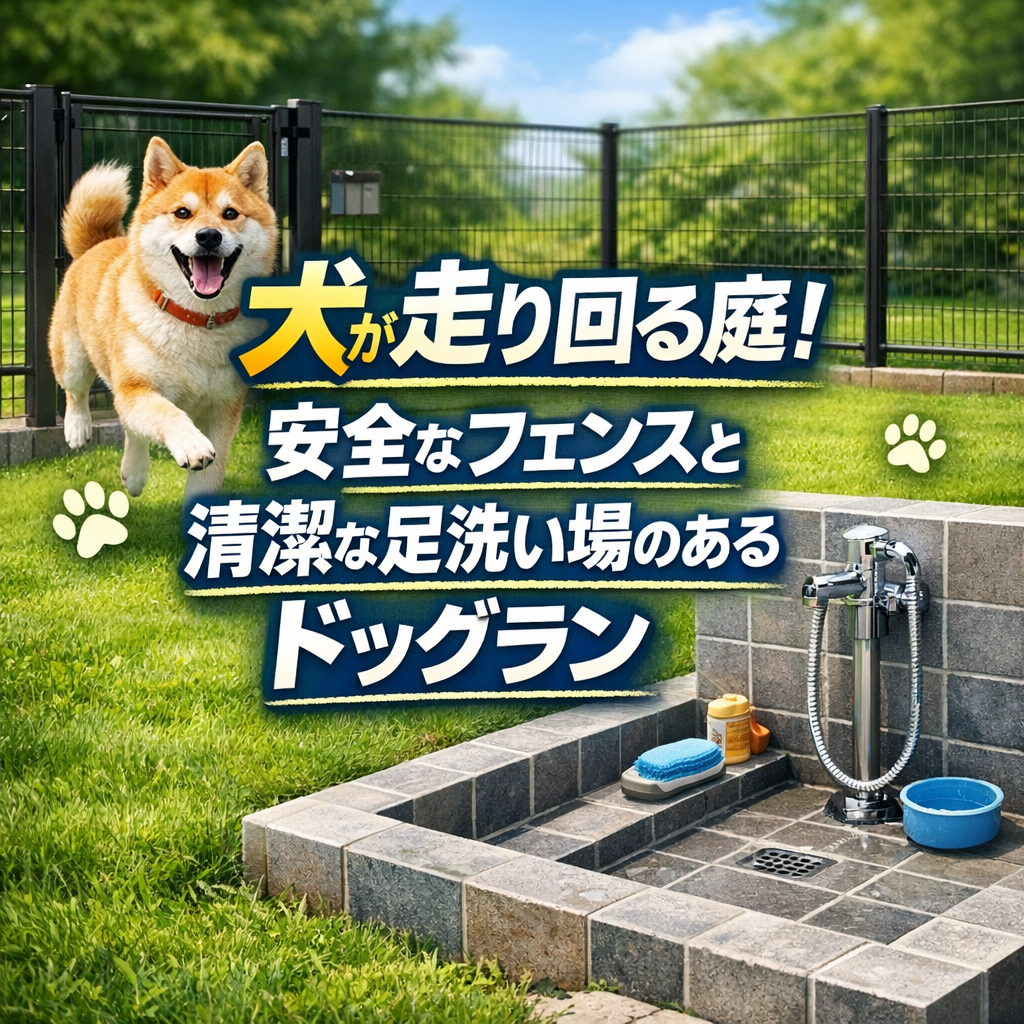 犬が走り回る庭！安全なフェンスと清潔な足洗い場のあるドッグラン