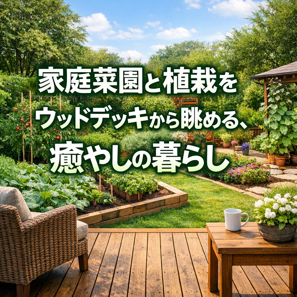 家庭菜園と植栽をウッドデッキから眺める、癒やしの暮らし