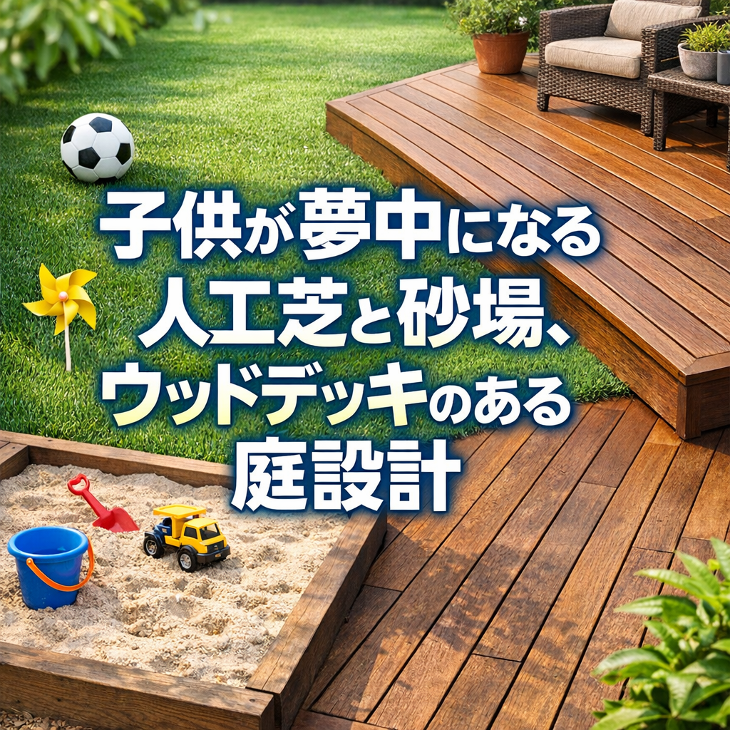 子供が夢中になる人工芝と砂場、ウッドデッキのある庭設計